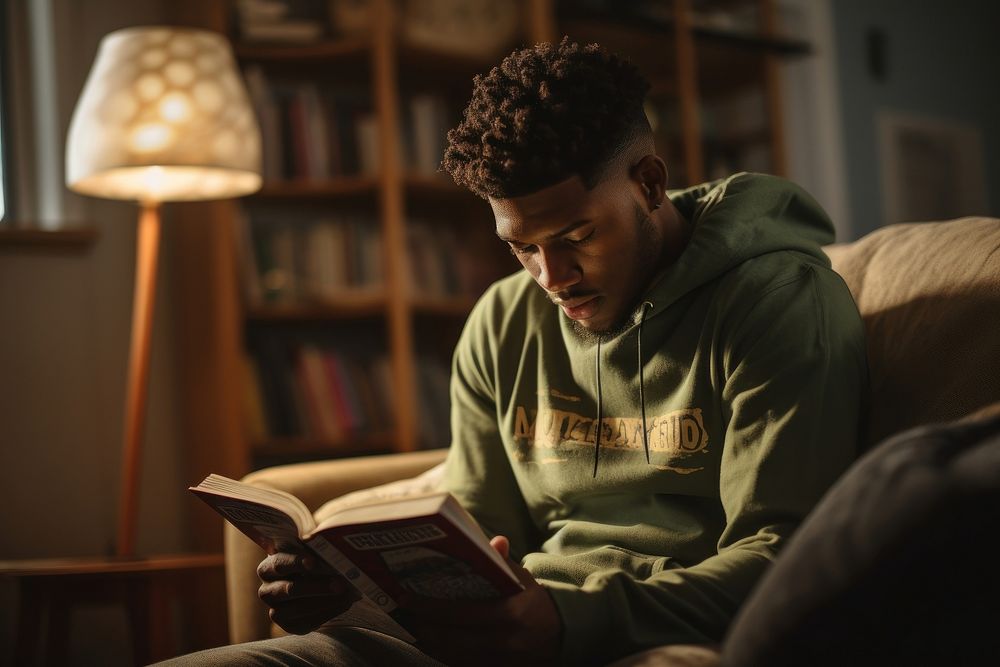 A black young man reading a book publication adult concentration.