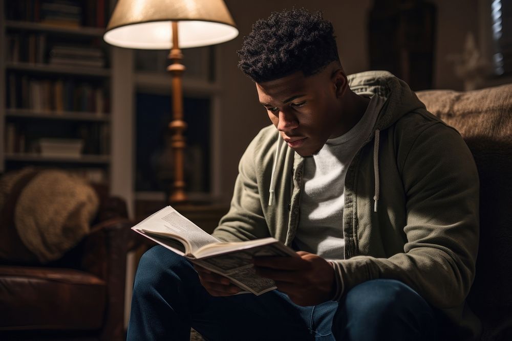 A black young man reading a book publication concentration contemplation.