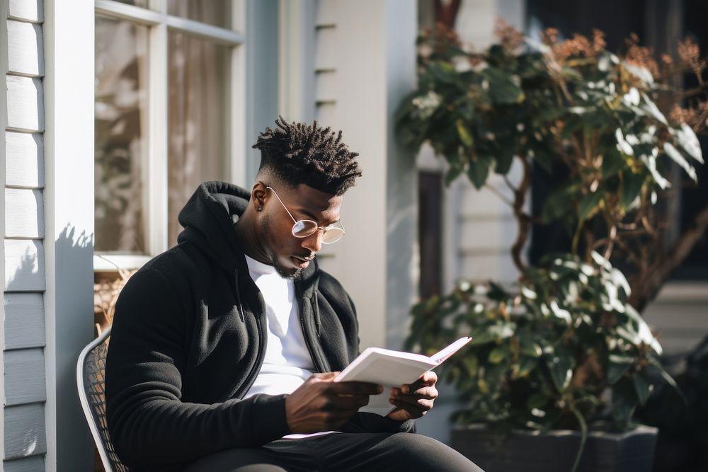 A black young man reading a book publication sitting adult.