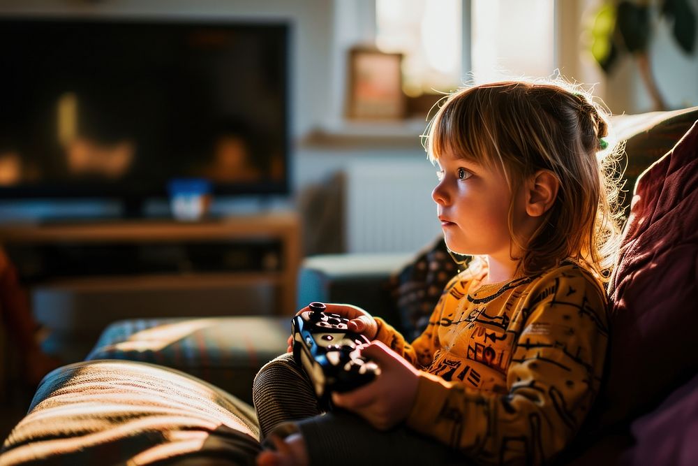 Child holding a game controller portrait photo living room. AI generated Image by rawpixel.