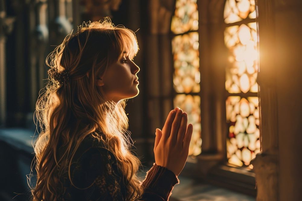 Christian woman praying contemplation spirituality backlighting. AI generated Image by rawpixel.