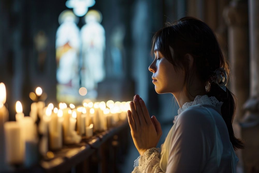 Christian woman praying candle adult contemplation. 