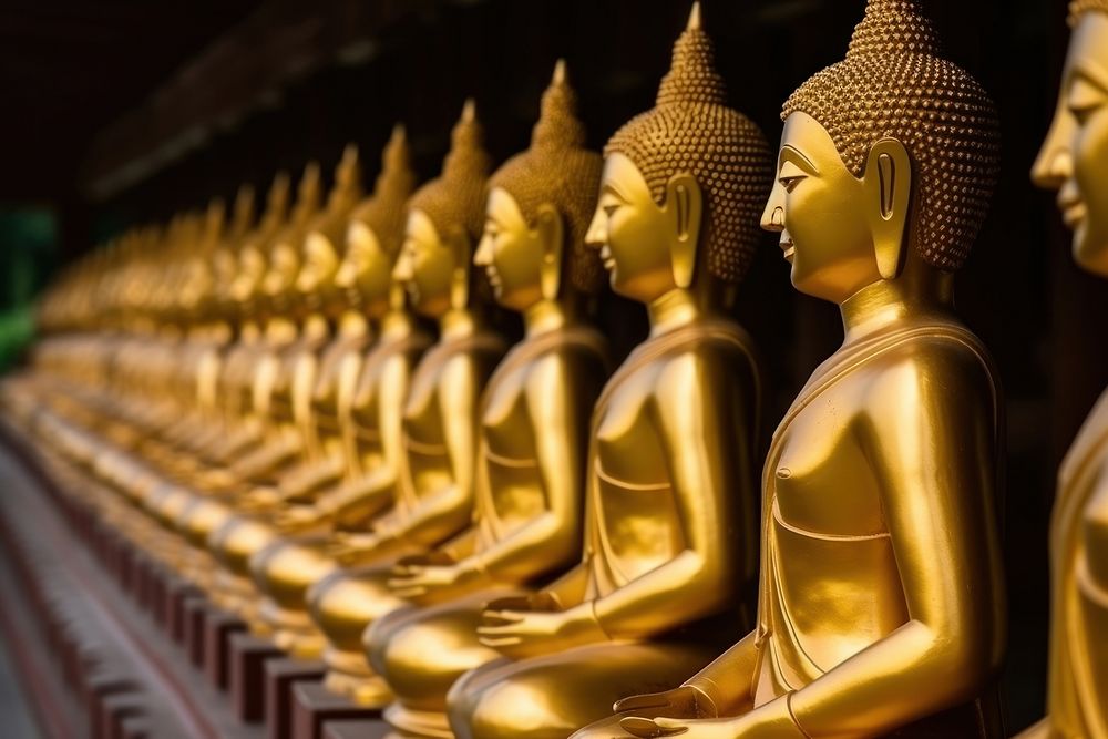 Golden buddhist statues temple representation spirituality. AI generated Image by rawpixel.