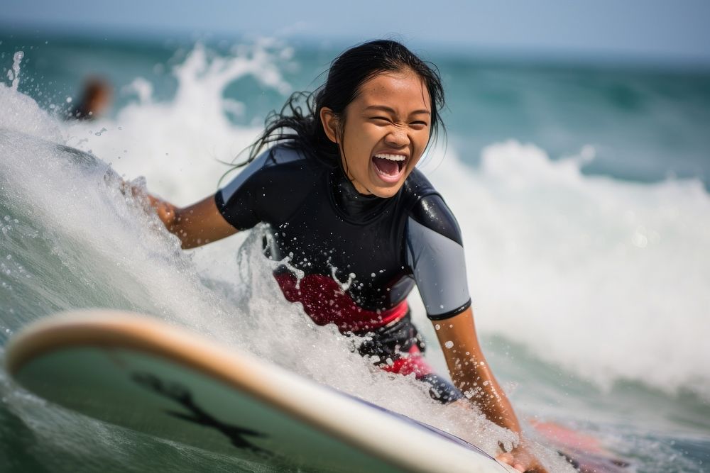  Singaporean woman surfing recreation outdoors. AI generated Image by rawpixel.