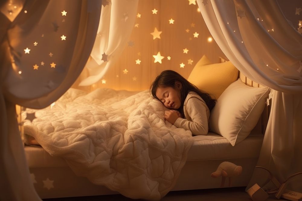 A sleeping asian kid bedroom furniture blanket.