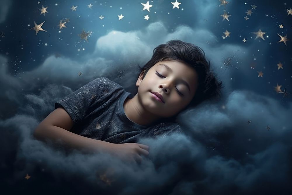 A sleeping asian kid portrait bedroom cloud.