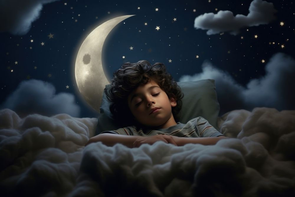 A sleeping asian kid moon astronomy bedroom.