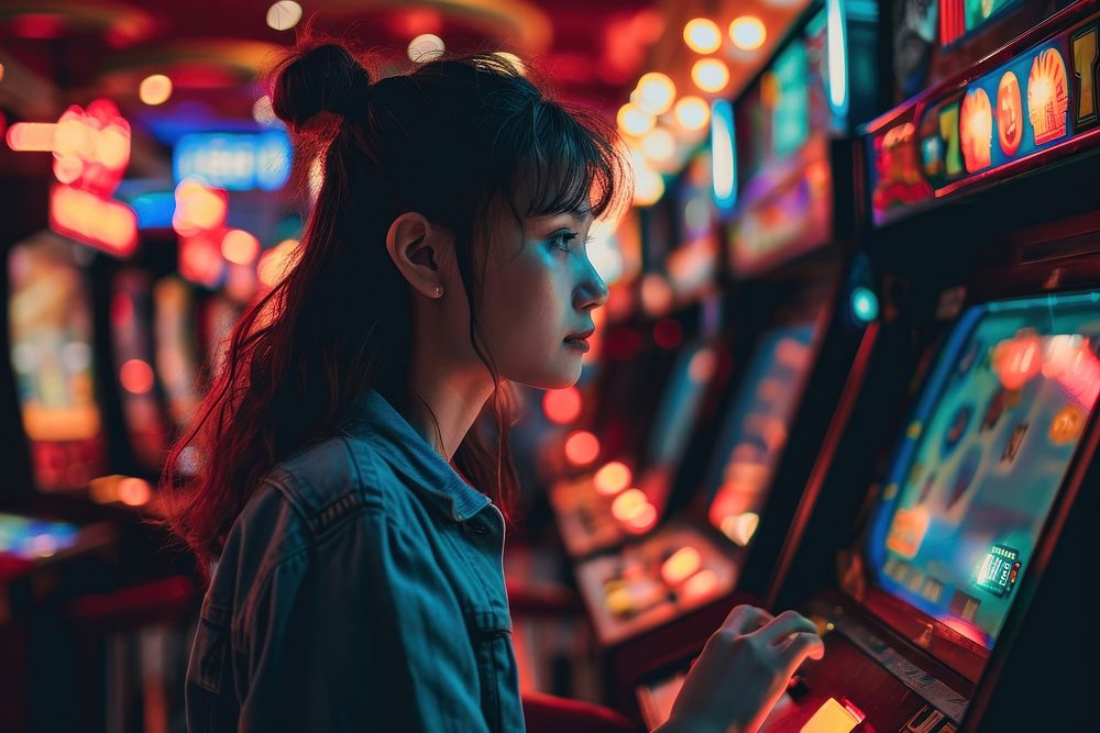 Woman at a game arcade nightlife gambling opportunity. AI generated Image by rawpixel.