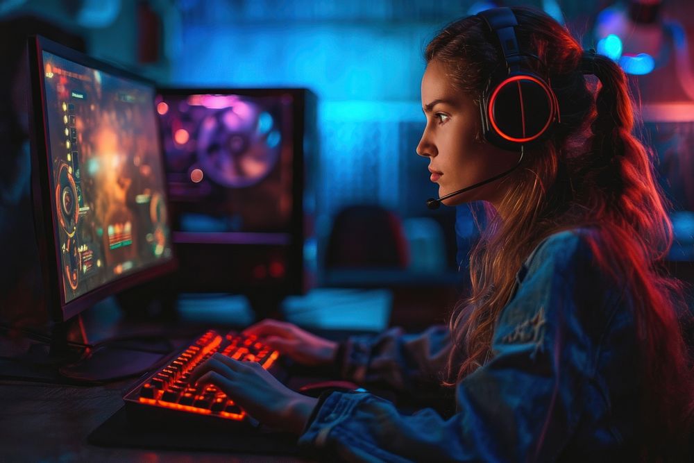 Woman playing computer video game adult concentration electronics. AI generated Image by rawpixel.