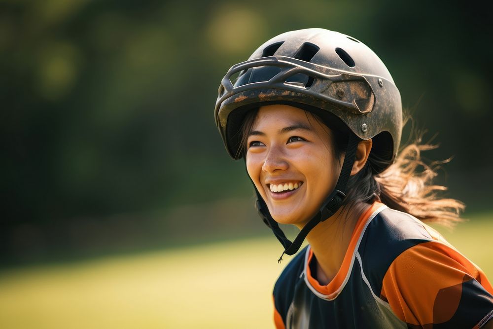 A woman wearing a rugby helmet activity smiling smile.