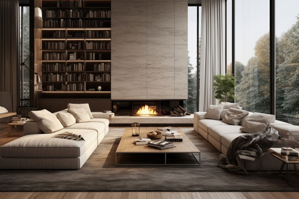 Apartment architecture furniture fireplace. AI generated Image by rawpixel.