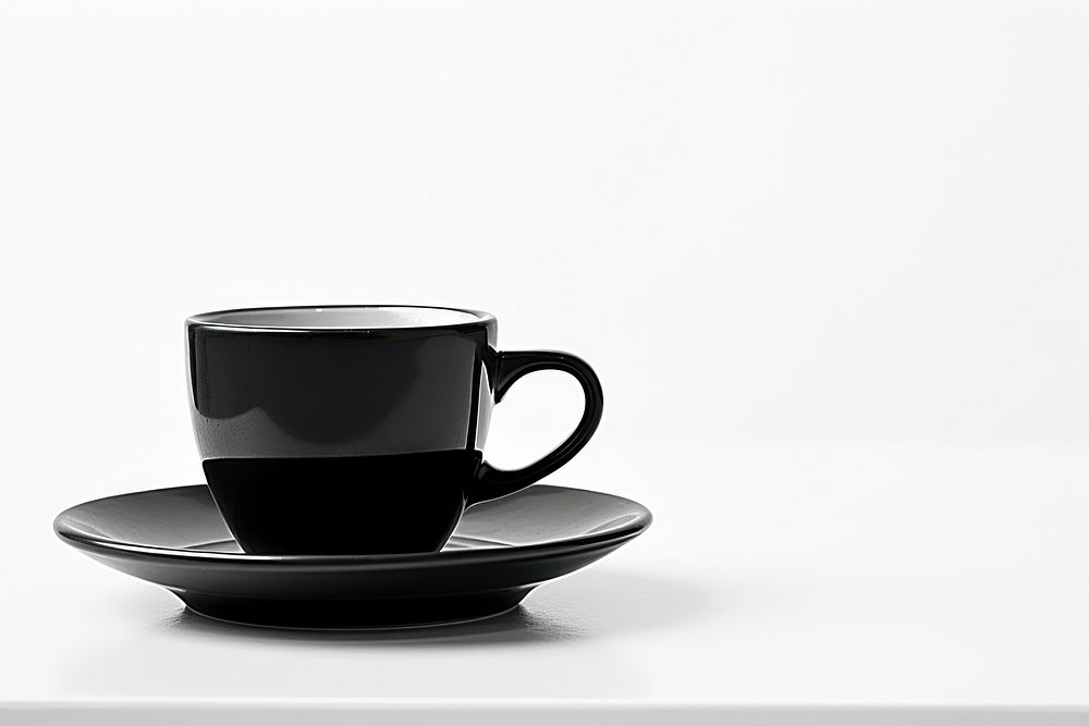 Black cup of coffee saucer drink mug.