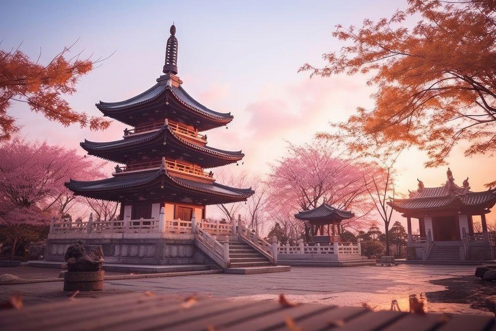 Buddhism temple architecture building sunset. AI generated Image by rawpixel.