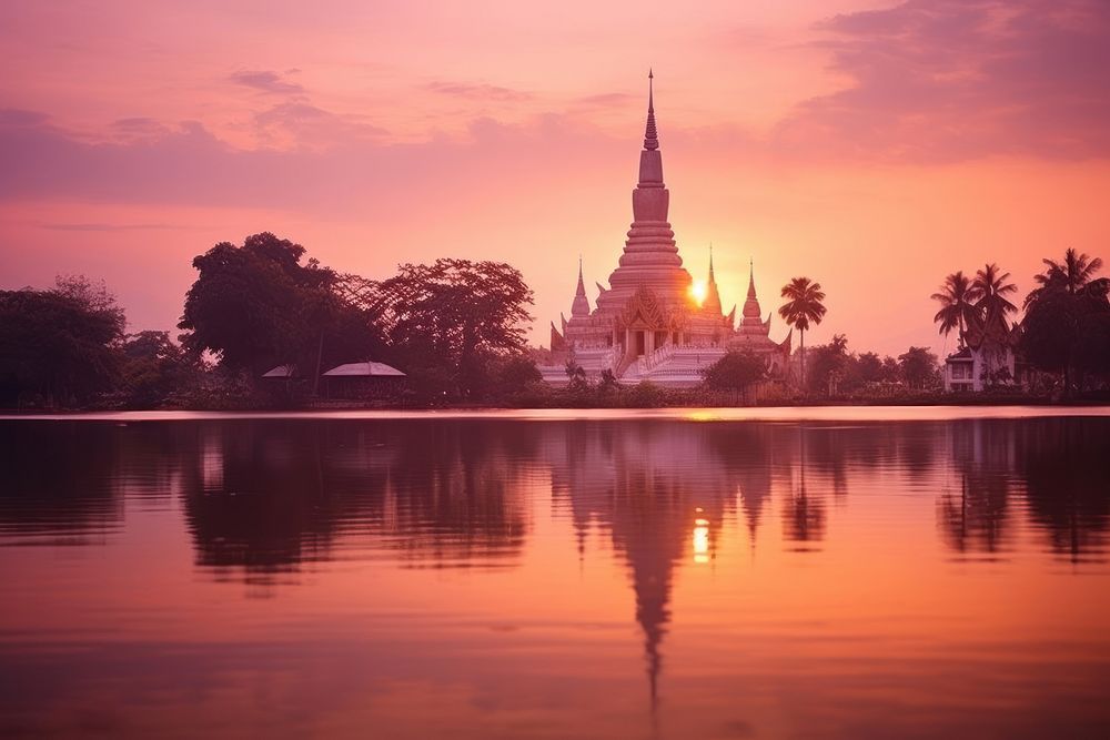 Buddhism wat architecture building sunset. AI generated Image by rawpixel.