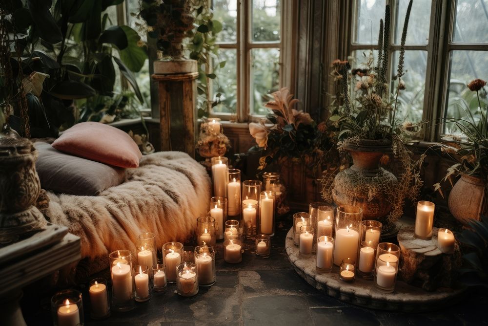Candles plant spirituality centrepiece.