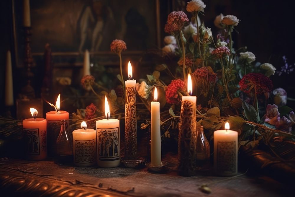 Candles spirituality illuminated centrepiece.