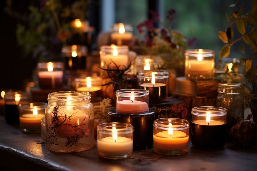 Candles spirituality illuminated arrangement.
