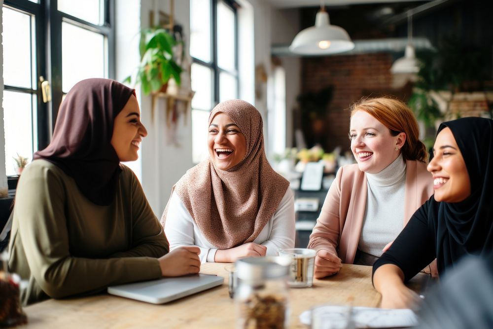 Inclusivity laughing adult hijab. AI generated Image by rawpixel.