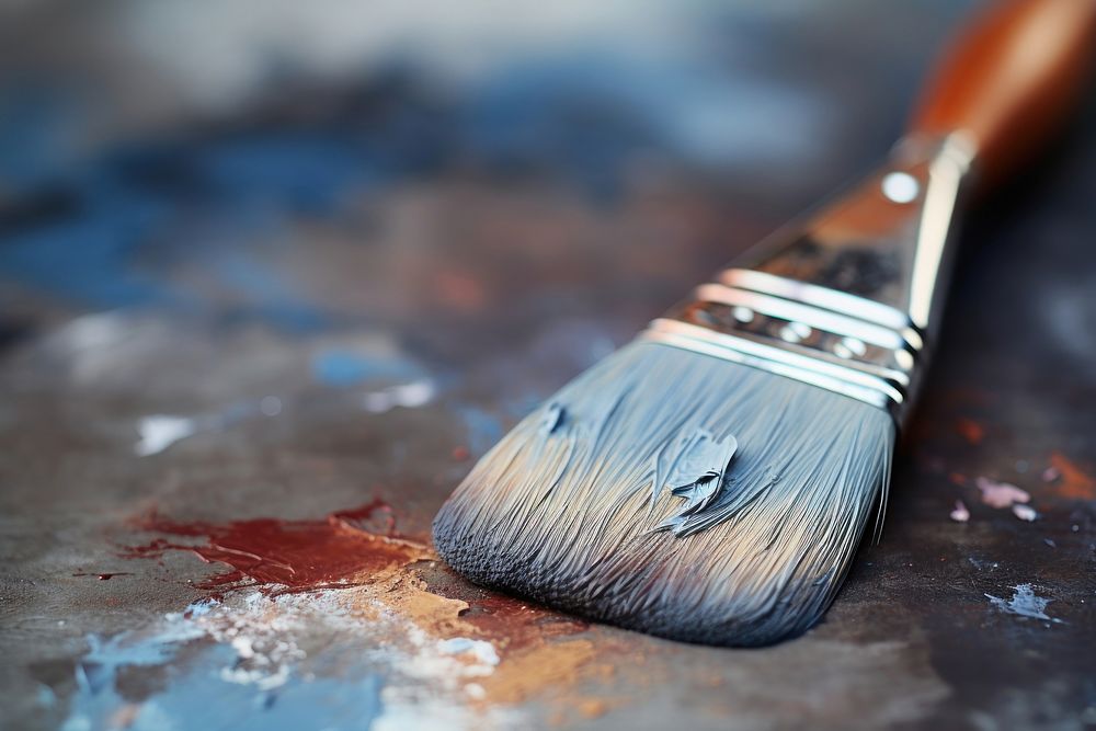 Close up of tip of paint brush on blank canvas paintbrush palette device.