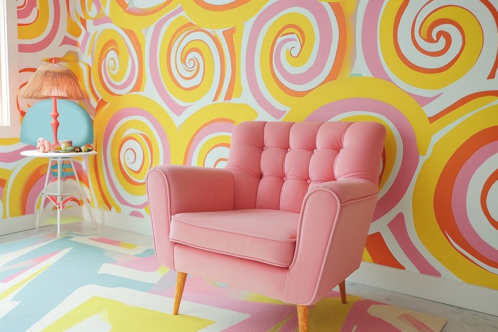 Hot pink armchair furniture wallpaper yellow.