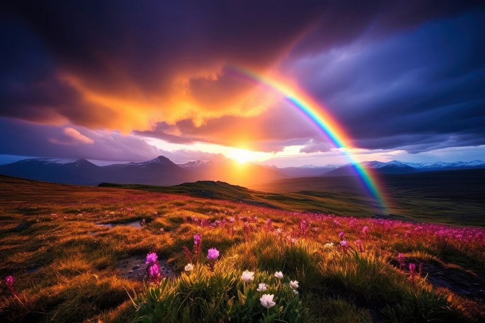  Nature background rainbow landscape grassland. AI generated Image by rawpixel.
