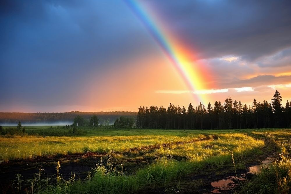  Nature background rainbow landscape grassland. AI generated Image by rawpixel.