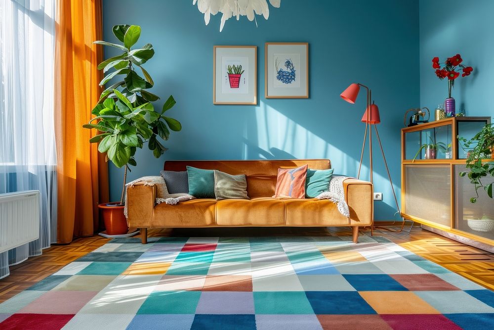 Colorful room rug furniture flooring.
