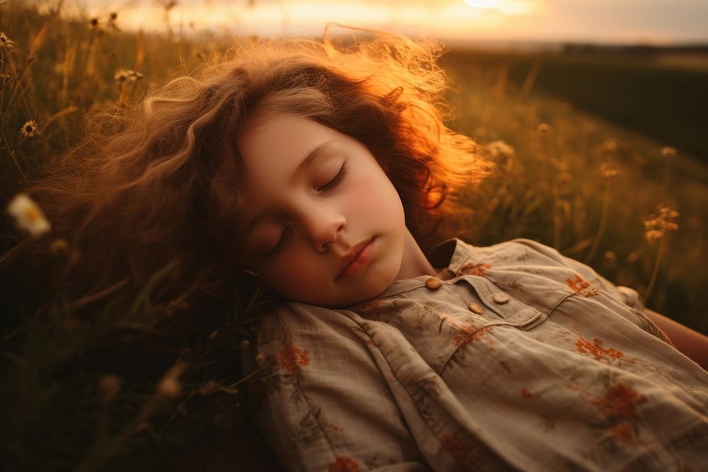 Sleeping kid portrait sunset photo.