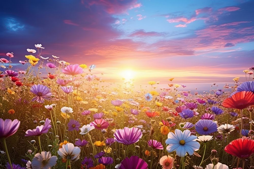 Spring flowers field landscape grassland outdoors. AI generated Image by rawpixel.