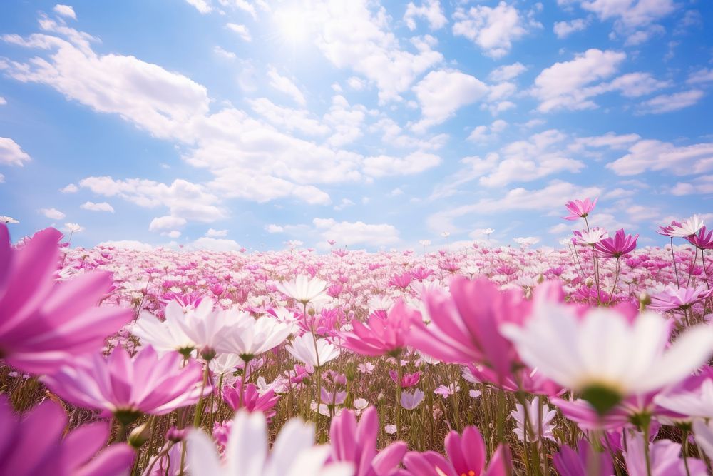 Spring flowers field sky landscape outdoors. AI generated Image by rawpixel.