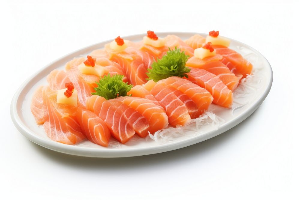 Raw salmon sashimi seafood plate dish. AI generated Image by rawpixel.