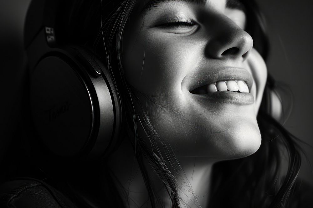Black and white Cheerful woman listening to music photography headphones cheerful.