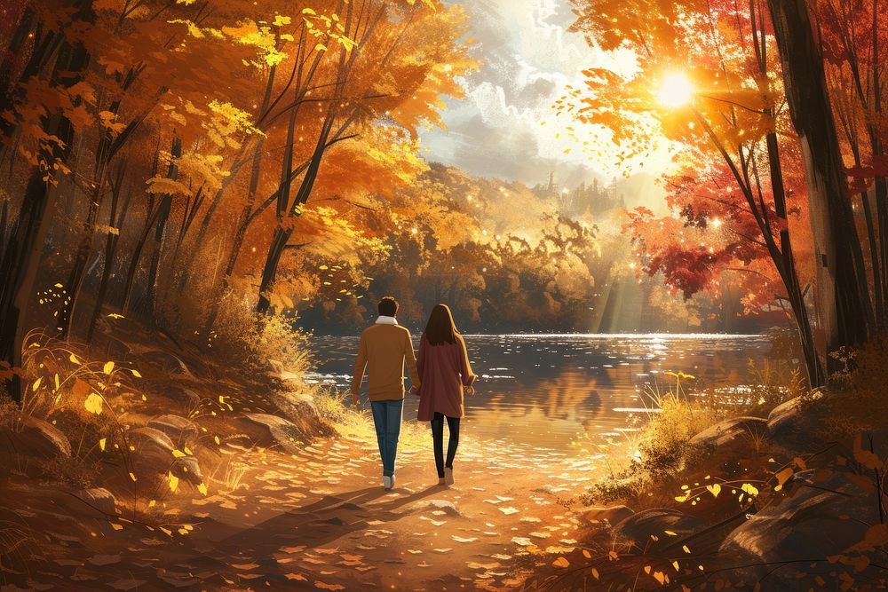 Couple walking in the autumn forest trail landscape sunlight outdoors.