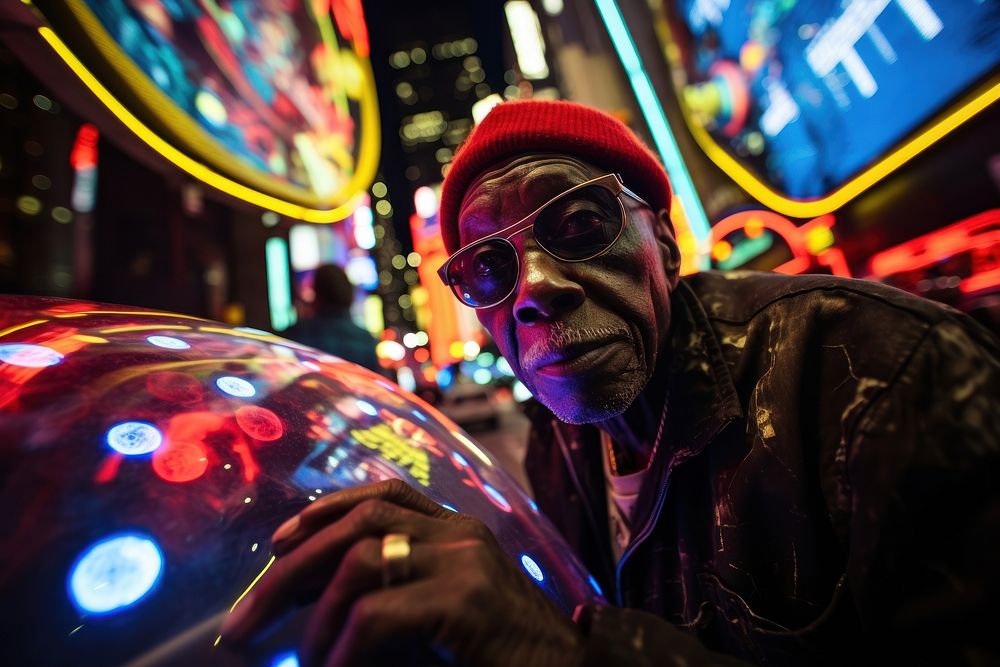 African artist grandpa city nightlife portrait.