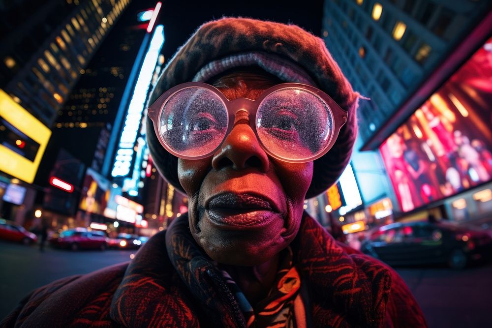Female african grandma night city outdoors.