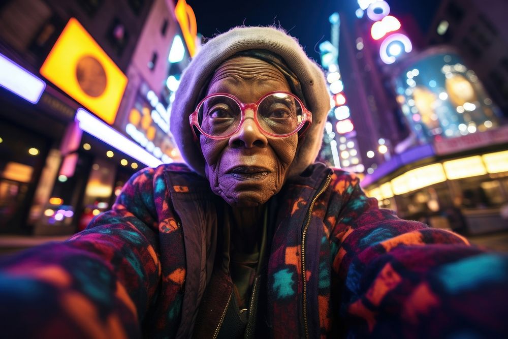 Female african grandma city portrait glasses.
