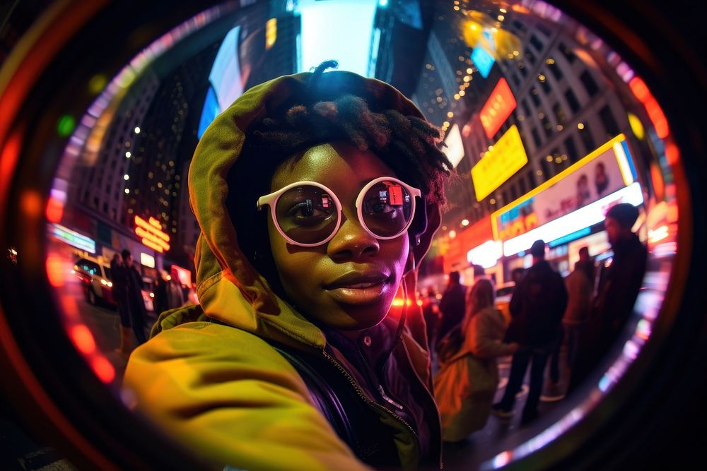 Female african street musical artist sunglasses portrait fisheye.