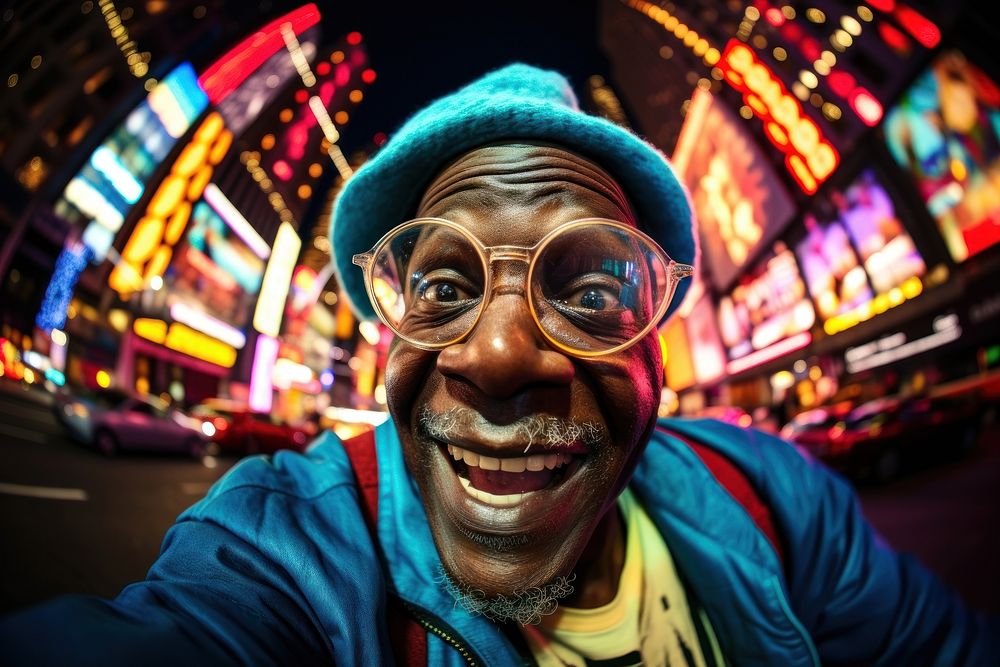 Male african grandpa night city portrait.