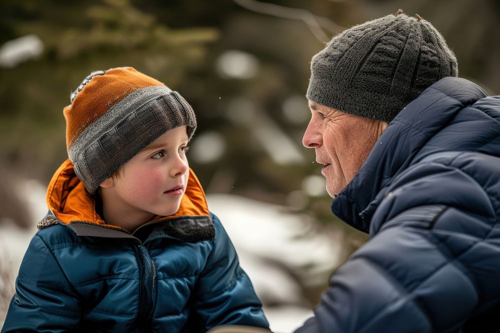 Father and son sitting and talking in the forest nature snow mountain.