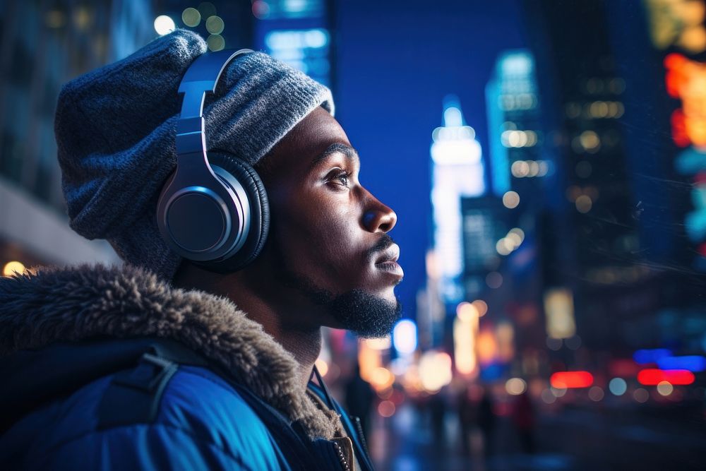 African man wearing headphone headphones headset adult.