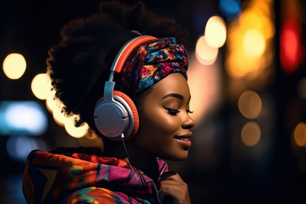 African woman wearing headphone headphones portrait headset.
