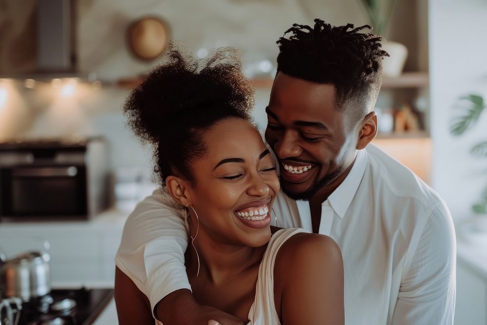 Happy black couple laughing portrait adult.
