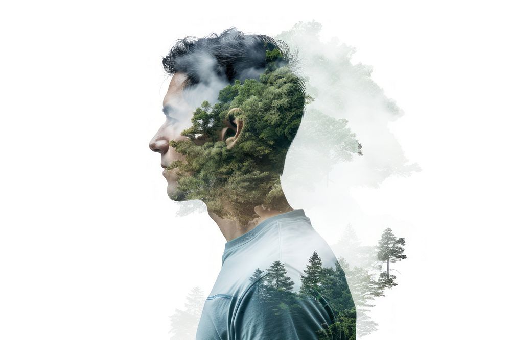 Double exposure photography asian man and tree portrait adult plant.