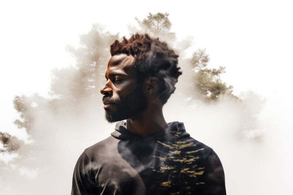 Double exposure photography black man and tree portrait adult contemplation.
