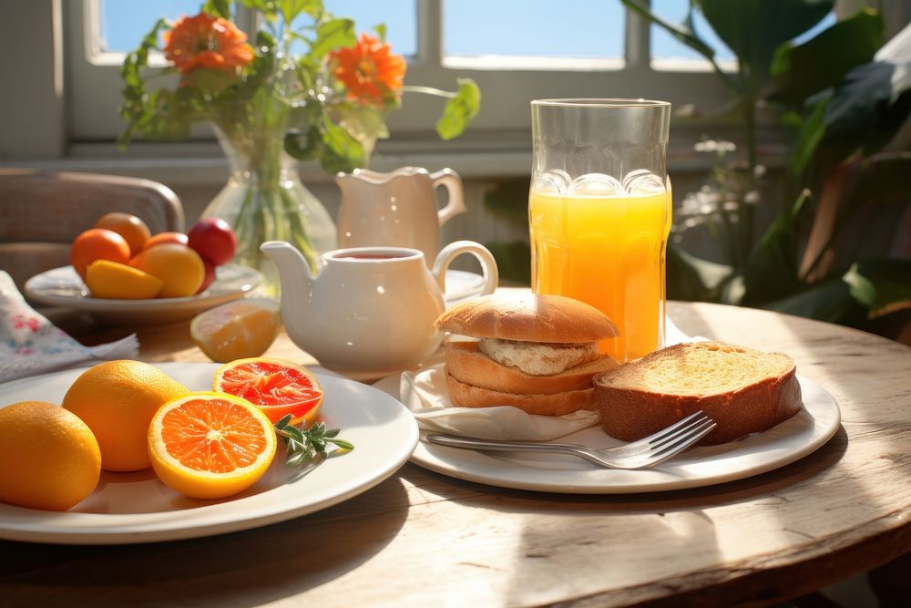 Breakfast plated on a table with cup of coffee and glass of juice brunch bread drink.