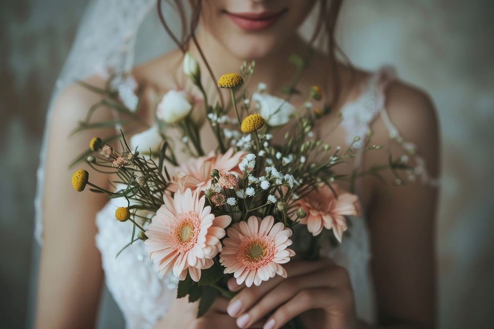 Bride holding flowers wedding daisy plant.