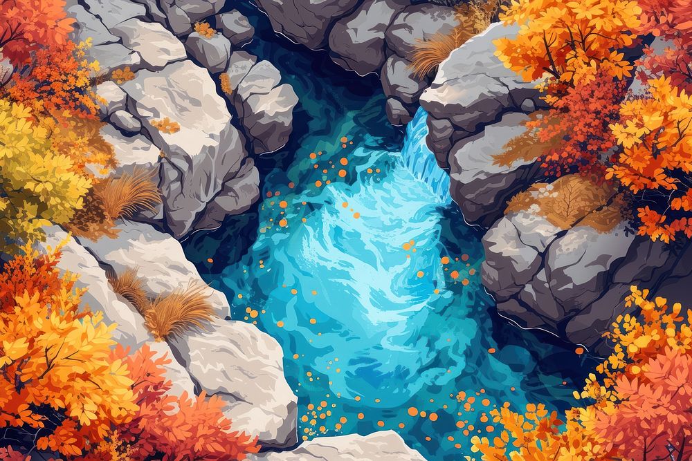 Aerial view of a rocky river autumn outdoors painting.