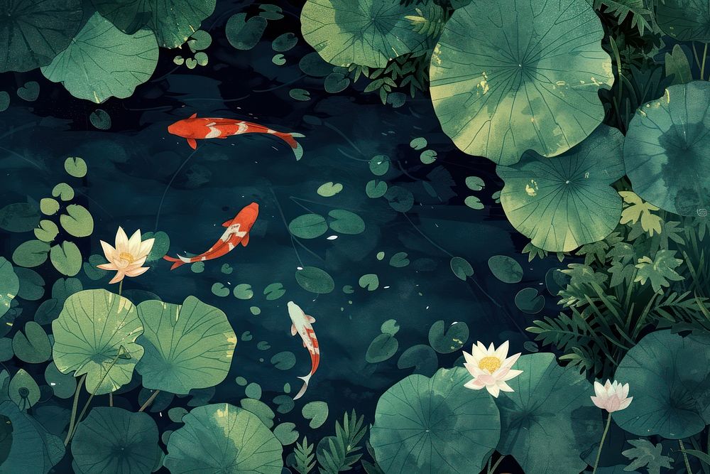 Aerial view of a koi pond outdoors nature flower.