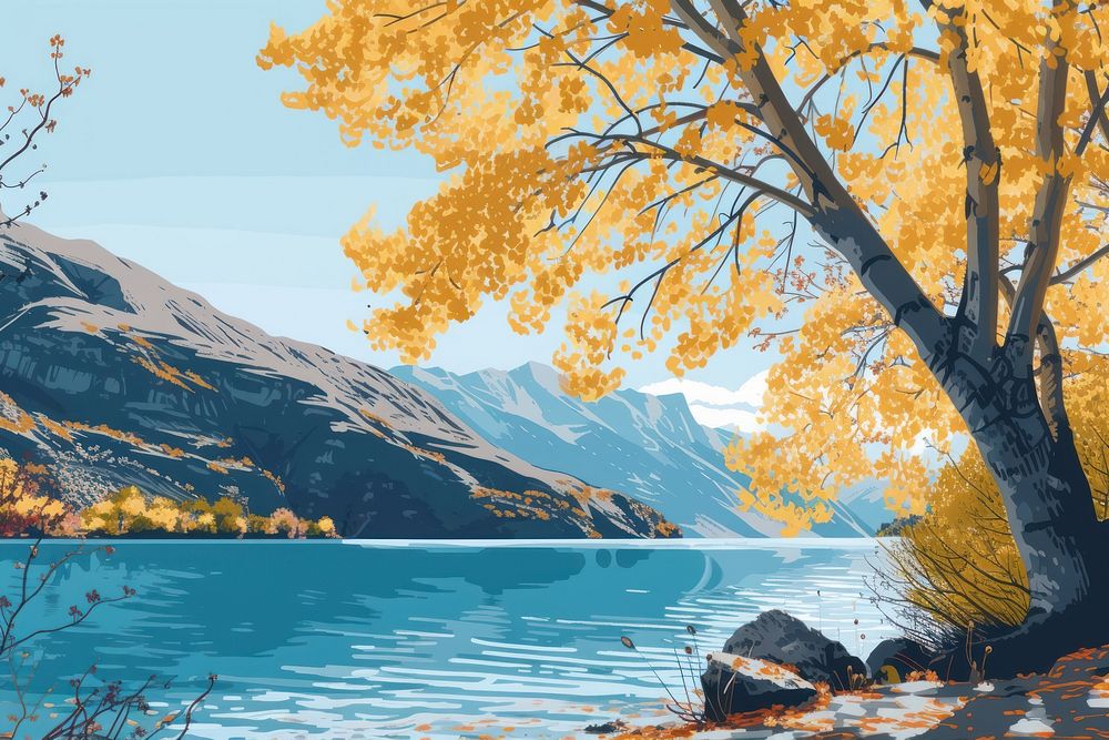 Autumn yellow trees lake landscape mountain.