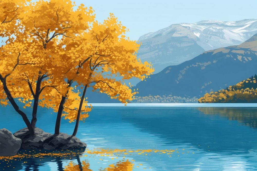 Autumn yellow trees lake landscape mountain.